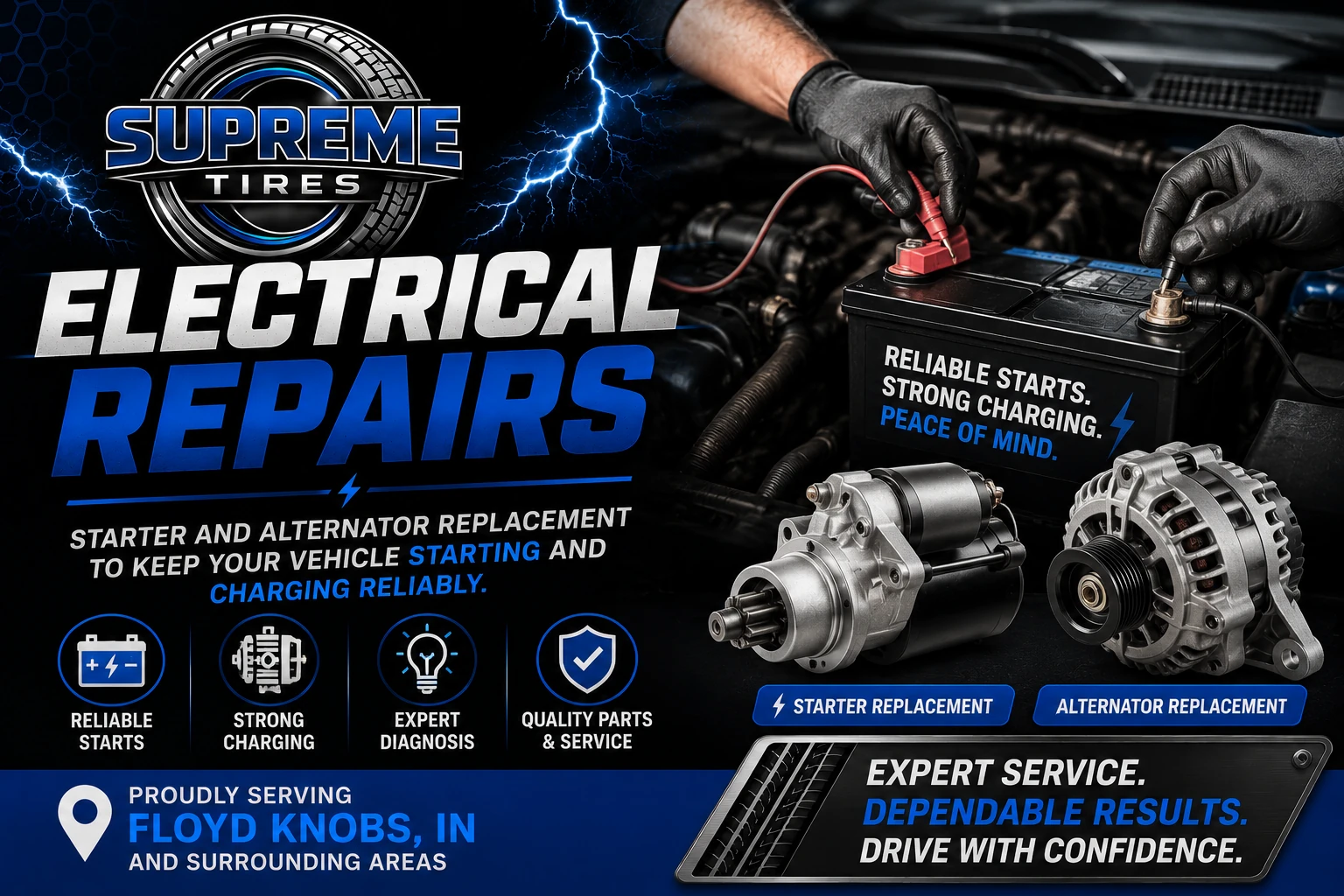 Electrical repair services including starter and alternator replacement at Supreme Tires in Floyds Knobs, Indiana.