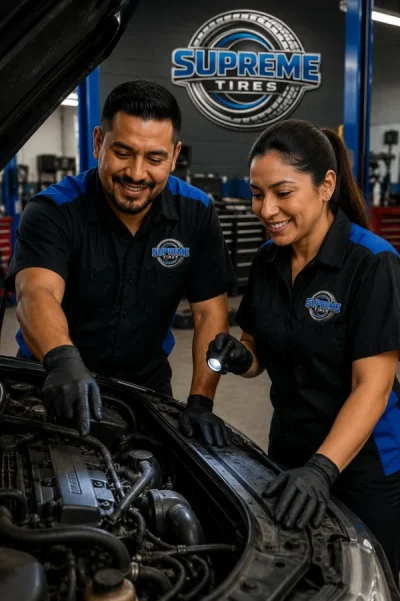 Experienced automotive technicians inspecting a vehicle engine at Supreme Tires in Floyds Knobs, Indiana.