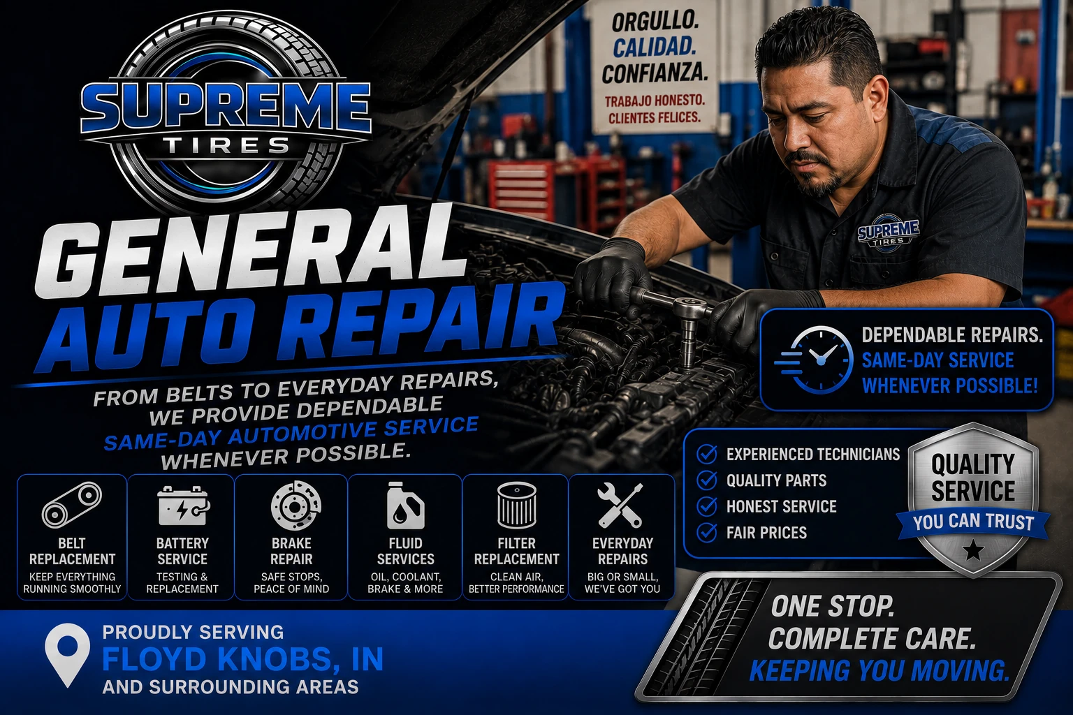 General auto repair services at Supreme Tires in Floyds Knobs, Indiana including belts, batteries, brakes, filters, fluids, and same-day automotive repairs.
