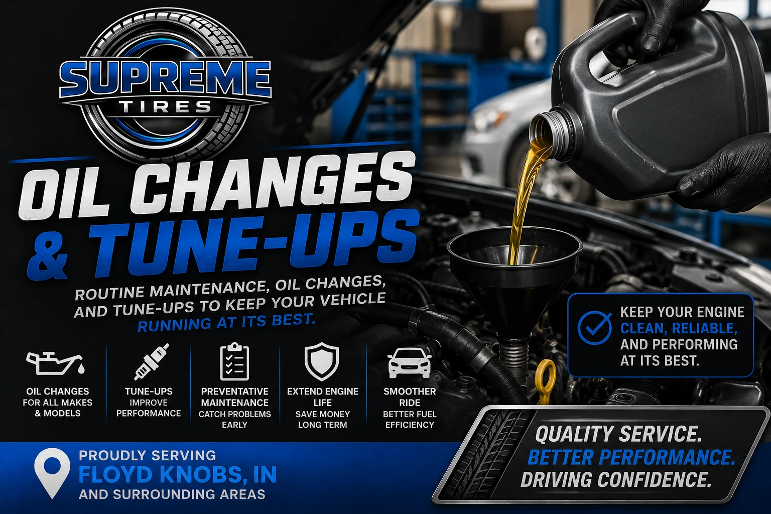 Professional oil changes and tune-up services at Supreme Tires in Floyds Knobs, Indiana to keep your engine clean, reliable, and performing at its best.
