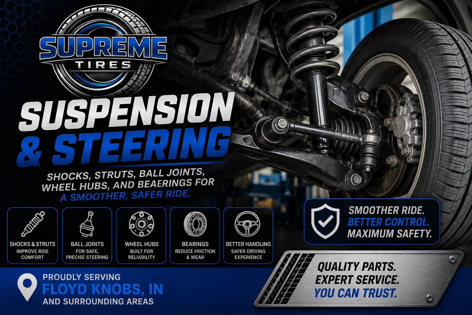 Suspension and steering repair services including shocks, struts, ball joints, wheel hubs, and bearings at Supreme Tires in Floyds Knobs, Indiana.
