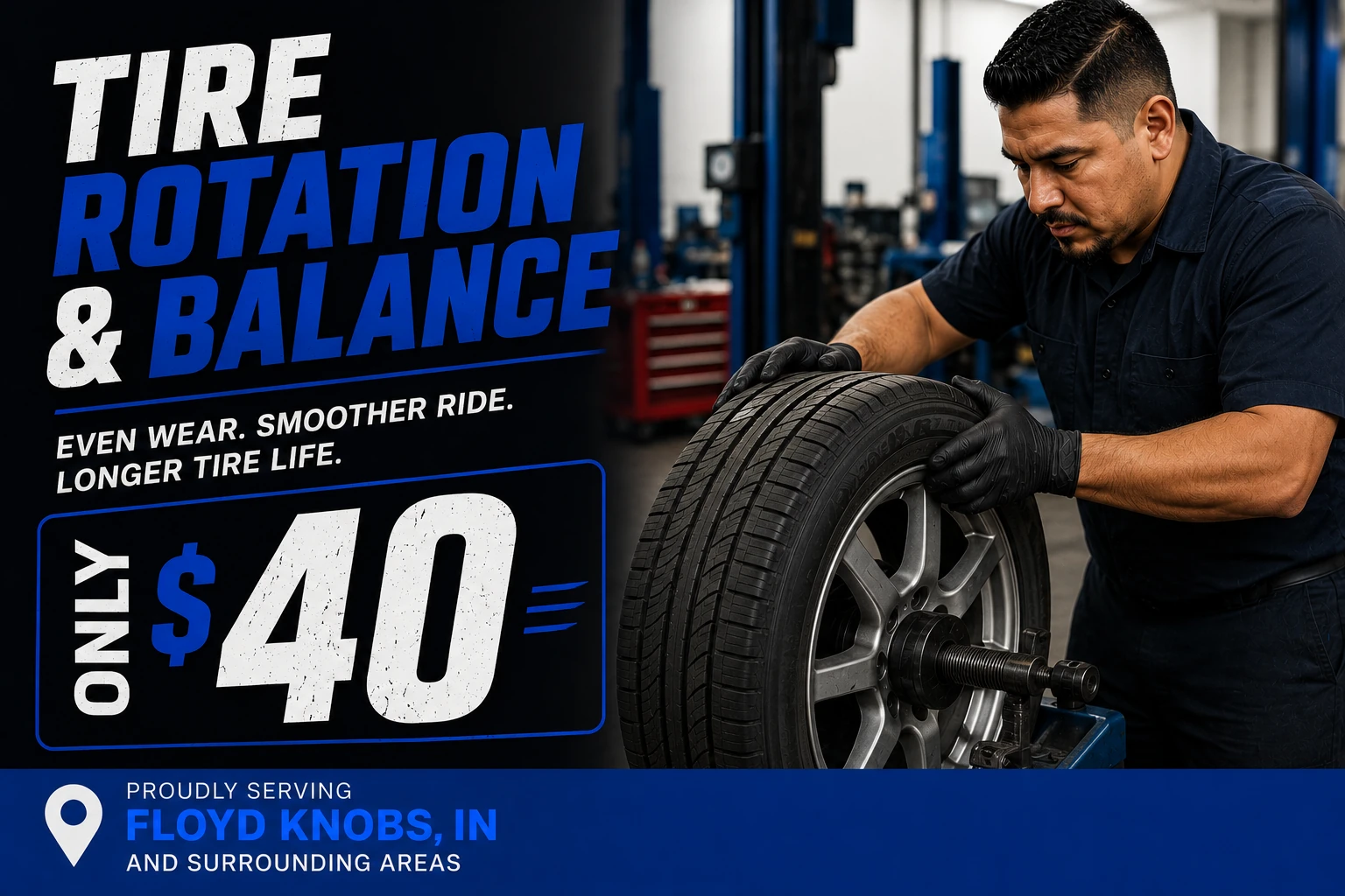 $40 tire rotation and wheel balancing special at Supreme Tires in Floyds Knobs, Indiana.