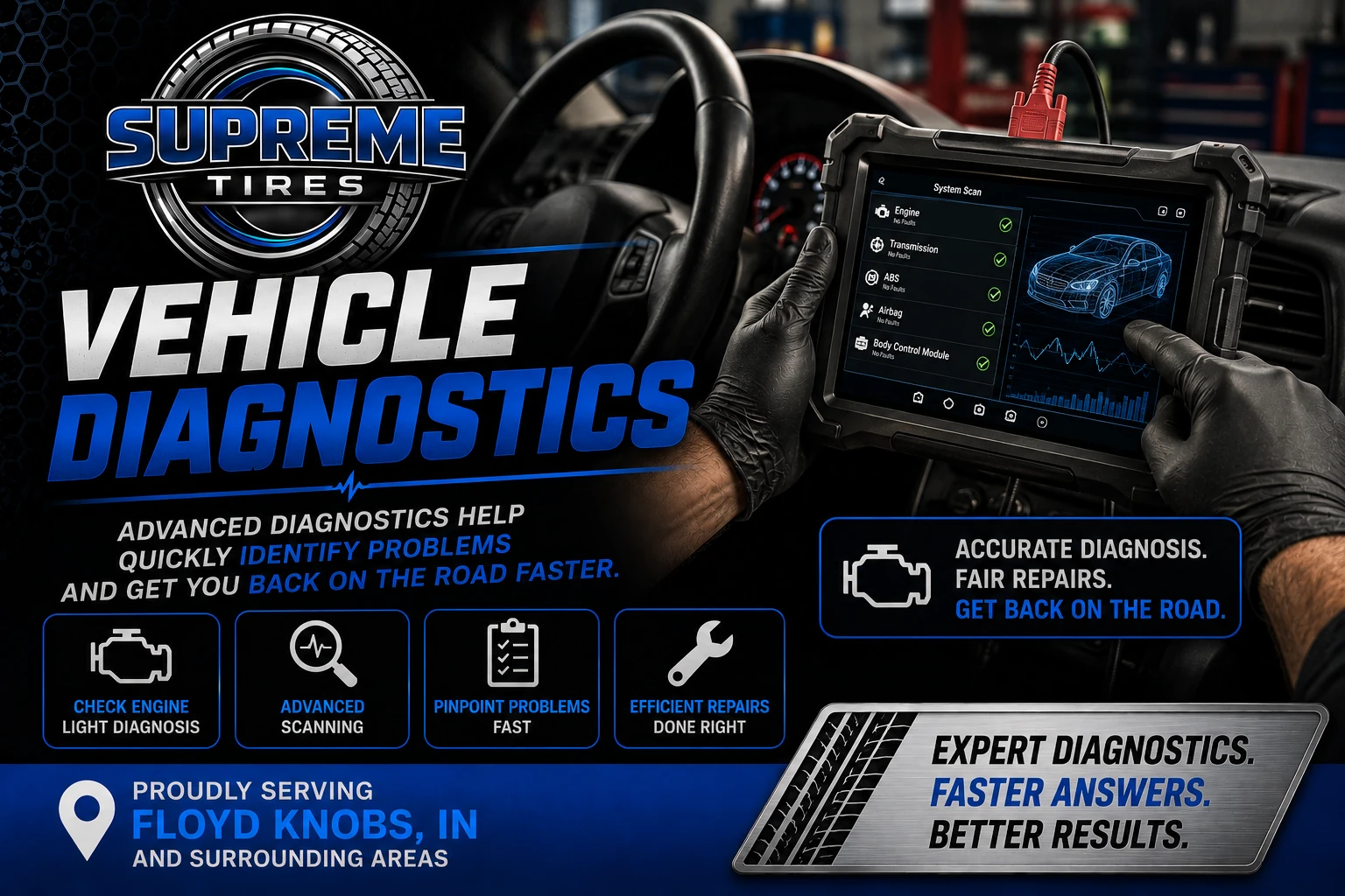 Advanced vehicle diagnostics and check engine light testing at Supreme Tires in Floyds Knobs, Indiana.