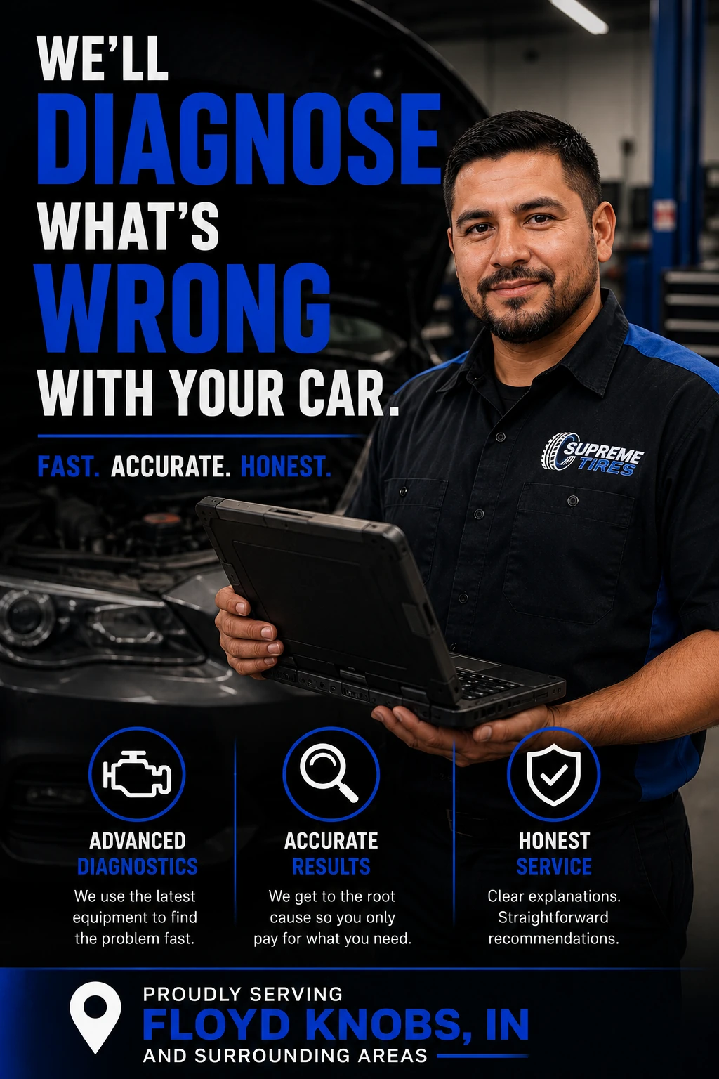 Automotive technician performing advanced vehicle diagnostics with a diagnostic laptop at Supreme Tires in Floyds Knobs, Indiana.