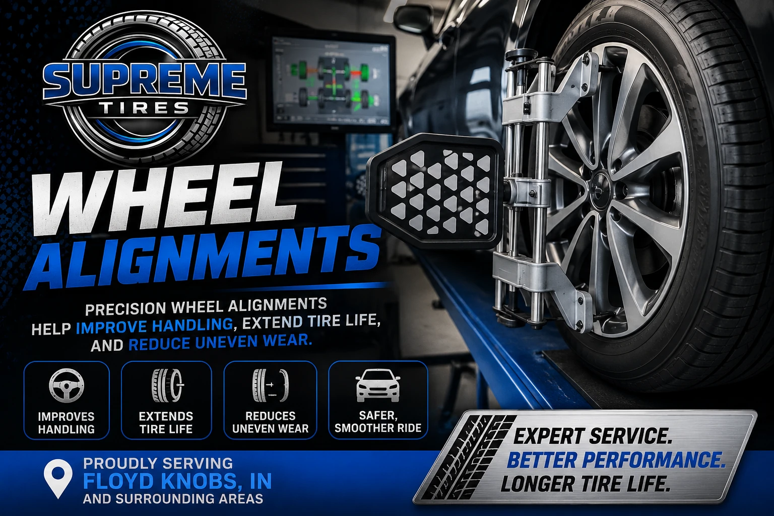 Professional wheel alignment service at Supreme Tires in Floyds Knobs, Indiana to improve handling, extend tire life, and reduce uneven tire wear.